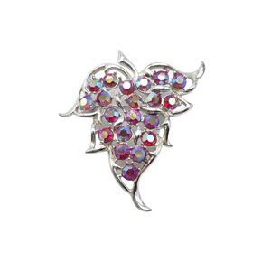 Vintage Red AB Rhinestone Brooch Silver Tone Leaf Pin Sarah Coventry